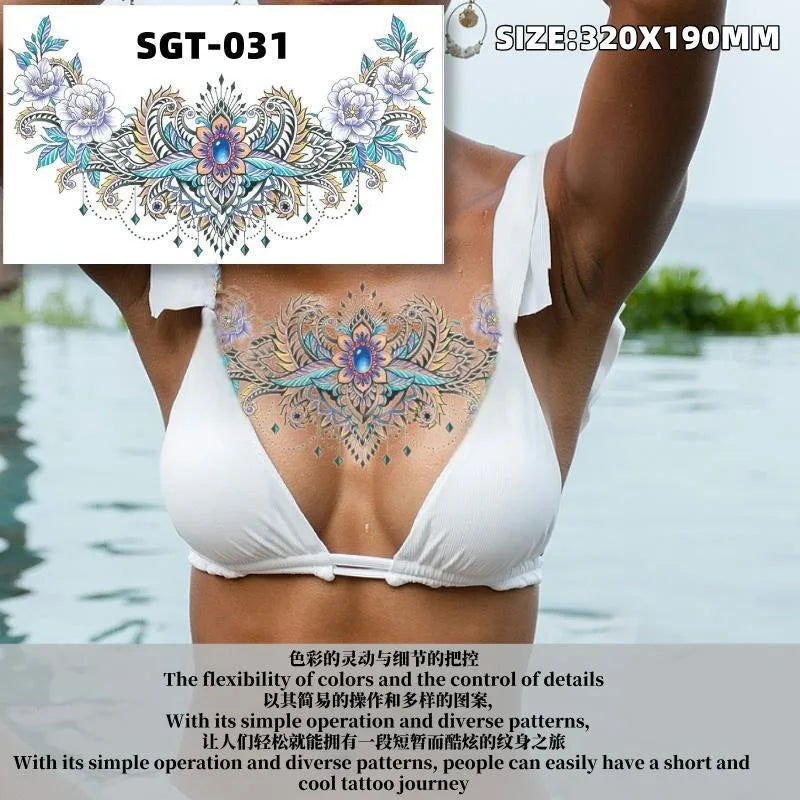 Waterproof Temporary Tattoo Sticker Big Chest Beauty Flower Fashion Colorful Butterfly Gem Diamond Art Fake Waist Tattoos Woman HIP 31