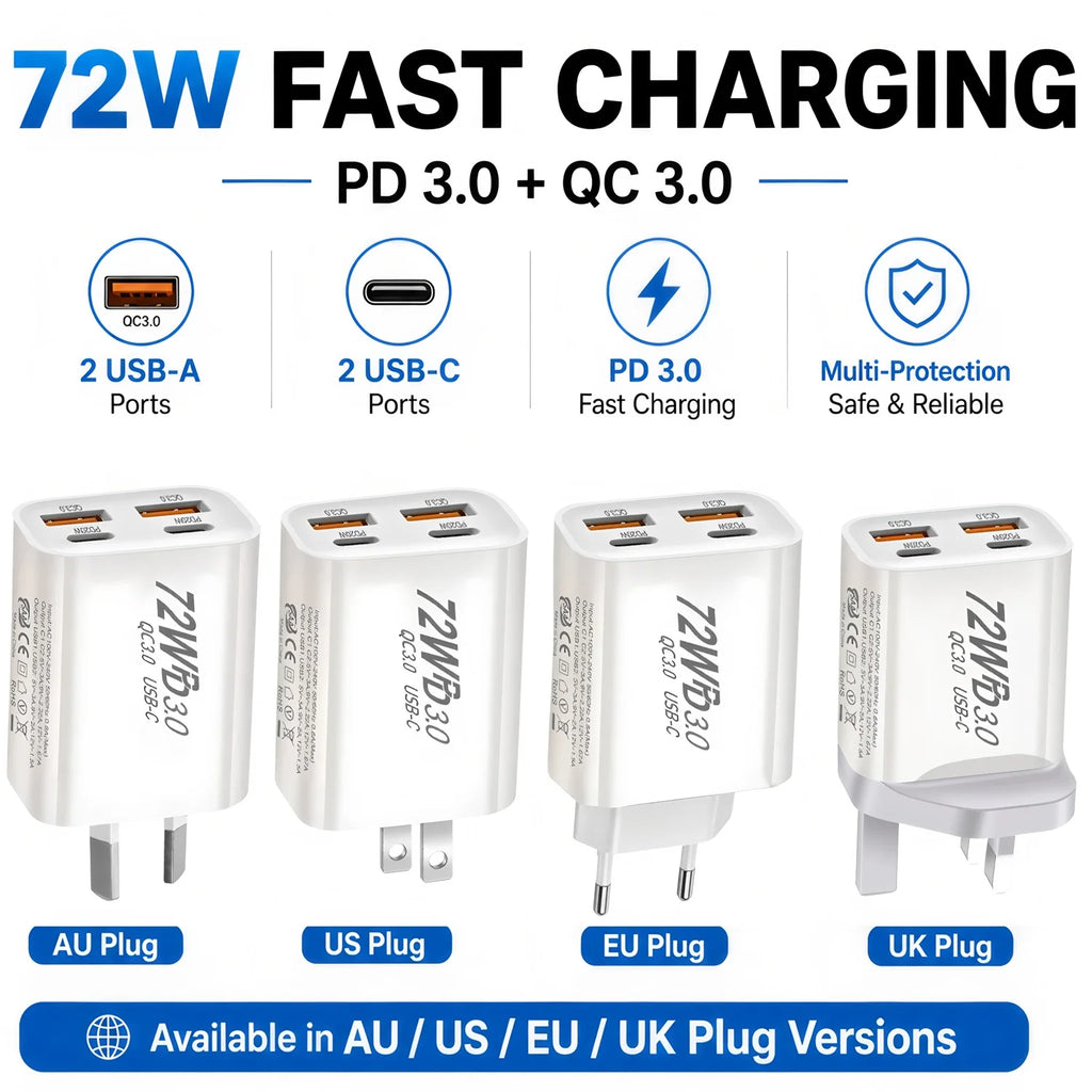 4-Port USB Wall Charger – QC3.0 & PD 20W | UK AU EU US USB Wall Charger HIP