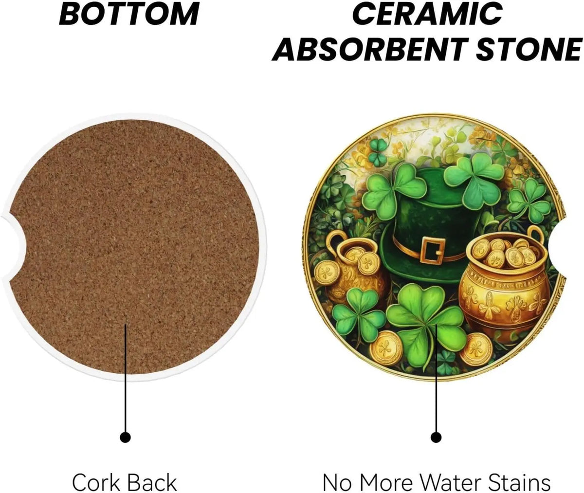 St. Patrick's Day Ceramic Car Coasters – 2pc Cup Holder Set Car Cup Holder Coasters HIP