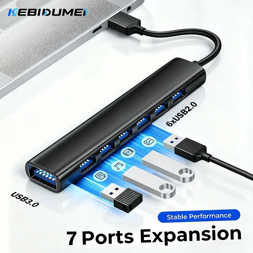 KEBIDUMEI 7-Port USB 3.0 Hub 5Gbps OTG Adapter for Laptop USB Hub HIP