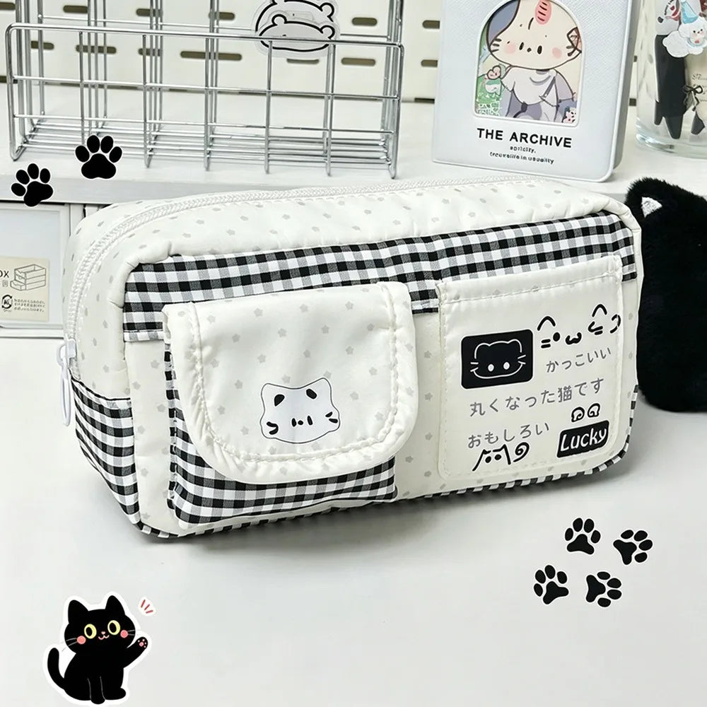 Cat Print Pencil Case – Multi-Layer Large Capacity Pen Bag Pencil Case HIP White