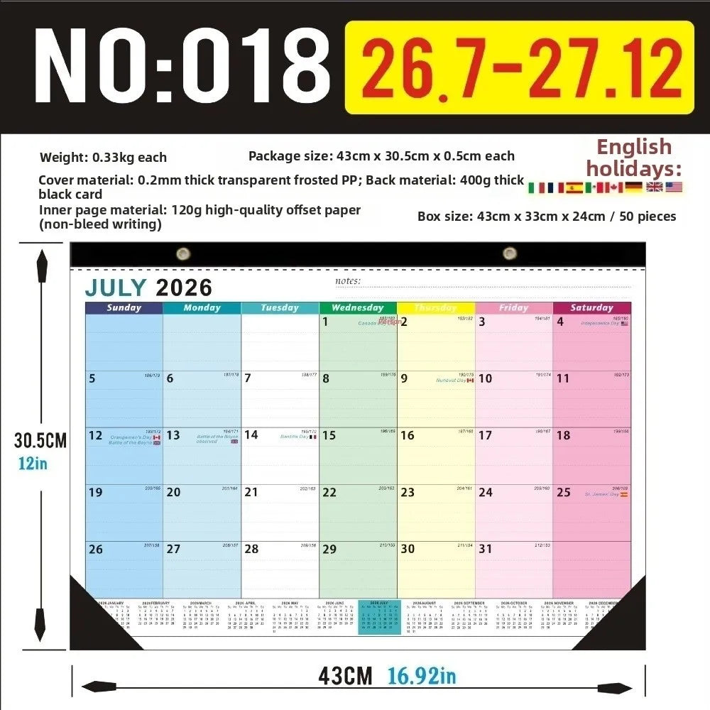 18-Month Wall Calendar 2026–2027 | Holidays Marked, Hook Hang Wall Calendar HIP 1-4