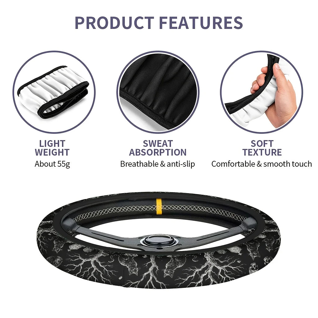 Black Cat Skull Gothic Steering Wheel Cover | Soft Grip Steering Wheel Cover HIP
