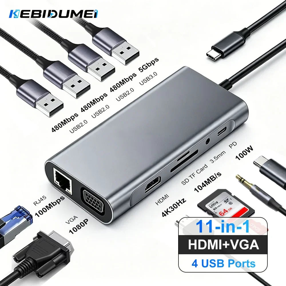 11-in-1 USB-C Hub – HDMI 4K, VGA, RJ45, PD 100W Dock USB-C Docking Station HIP