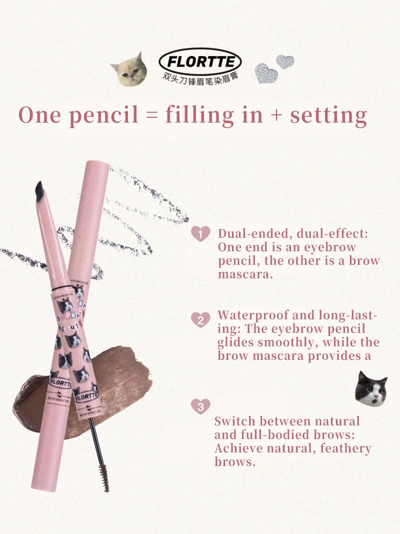 FLORTTE Double-Ended Eyebrow Pencil & Brow Mascara Waterproof Eyebrow Pencil HIP