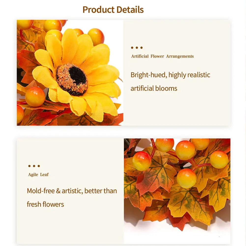 Thanksgiving Table Mantel Shelf Decor Fall Candle Ring Wreath Artificial Maple Leaves Berry Pinecone For Pillar Candle HIP