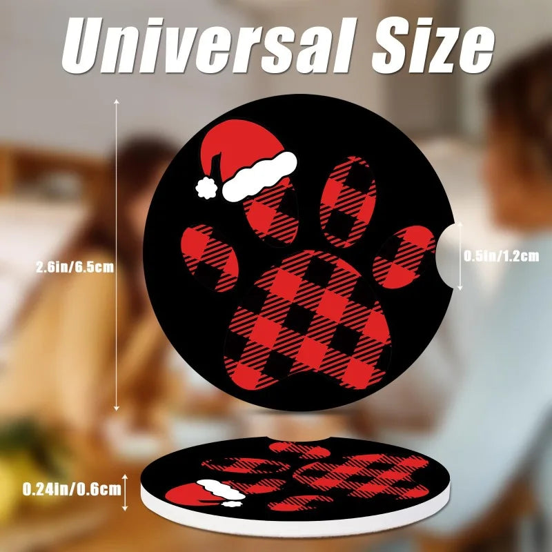 Christmas Buffalo Plaid Dog Paw Car Cup Holder Coasters 2-Pack Car Cup Coasters HIP