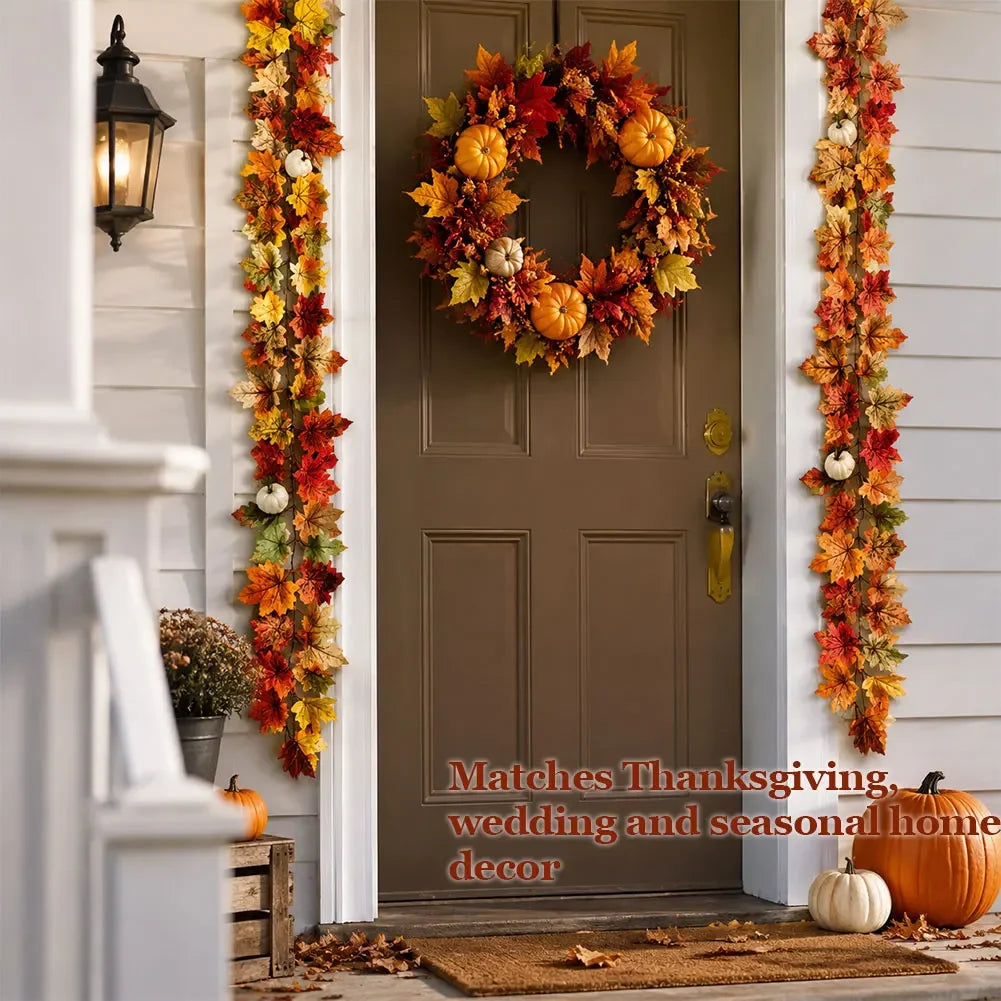 1/1.7M Artificial Maple Leaf Vine Flower Wreath Autumn Harvest Decor Halloween Wall Outdoor Door Window Decor Home Decor Garden HIP