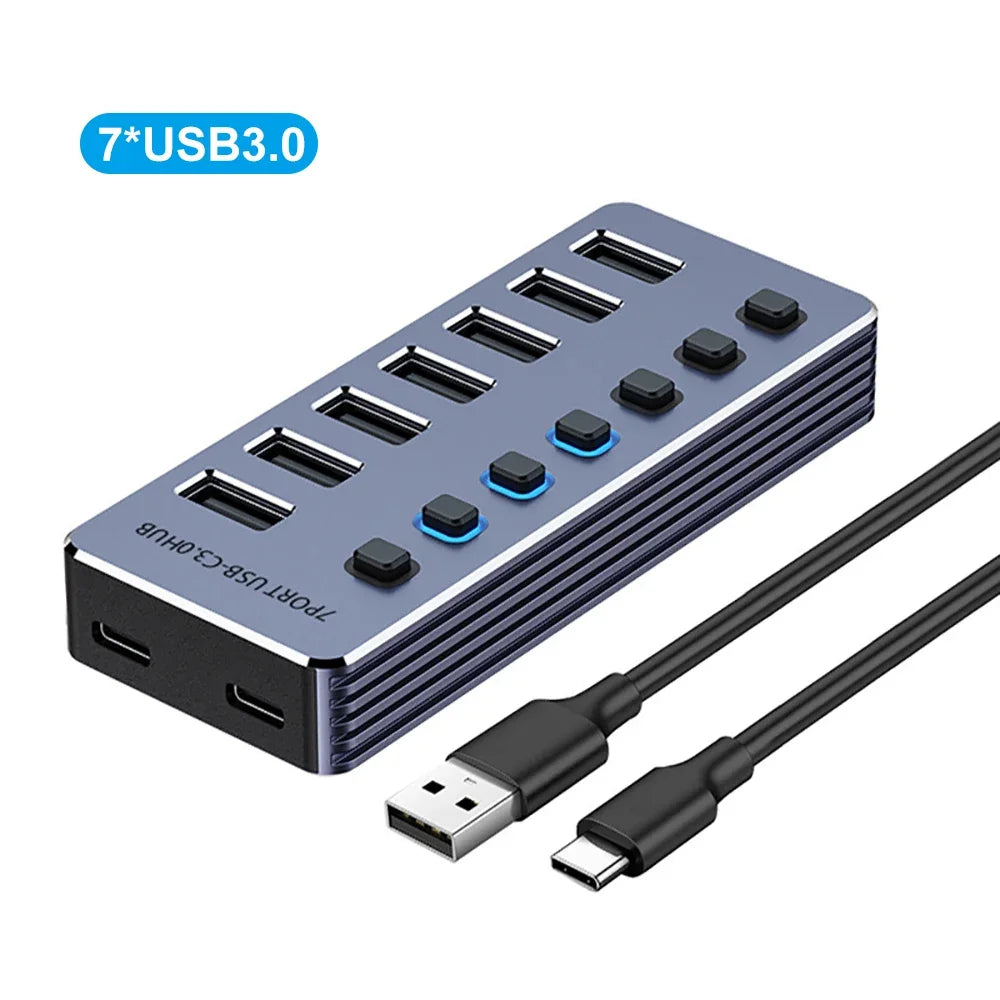 7-Port USB 3.0 Hub – Aluminum, Individual Switches, 5Gbps USB Hub HIP 7xUSB3.0