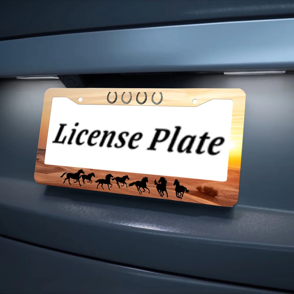 Aluminum Horseshoe License Plate Frame – Horse & Sunset Art License Plate Frame HIP