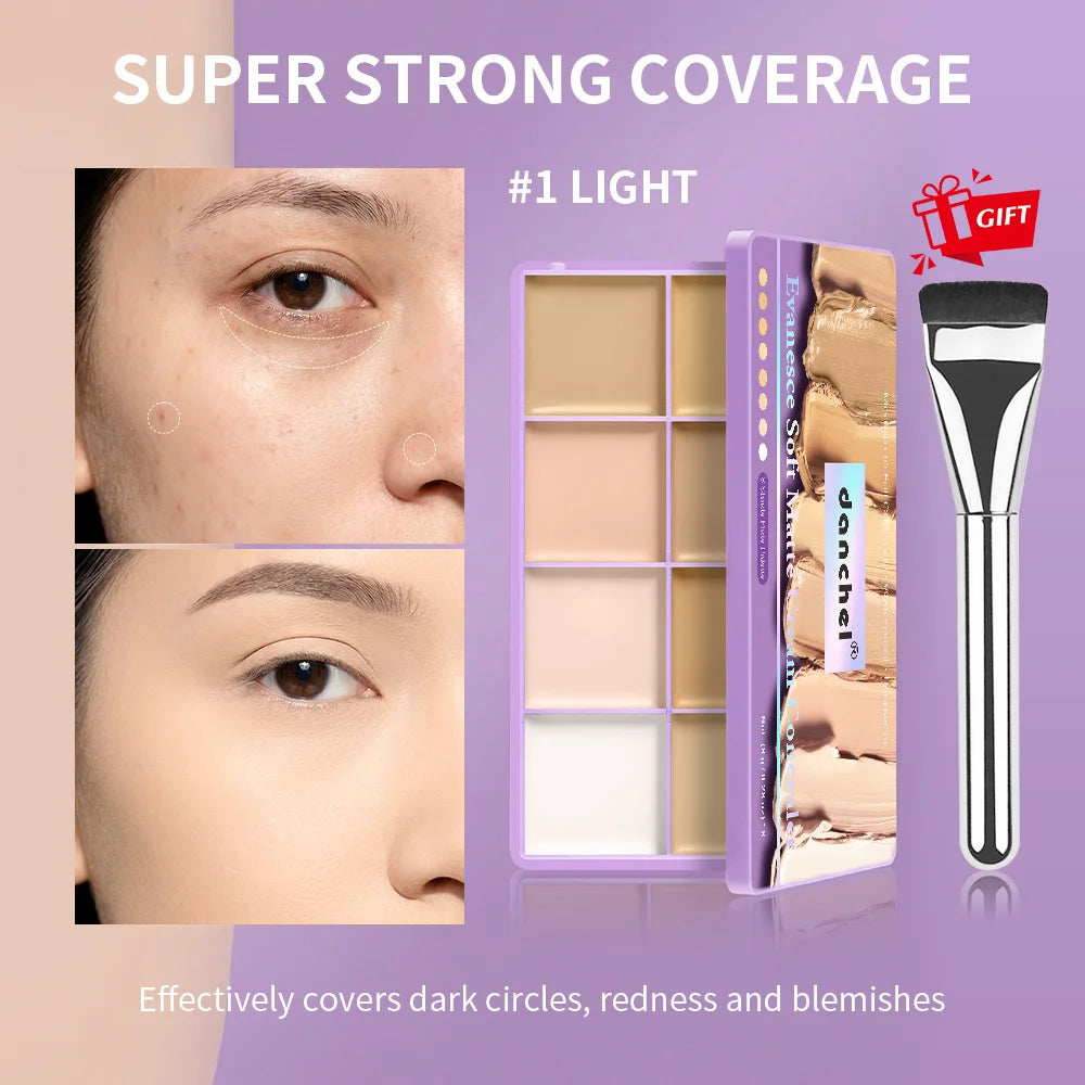2pcs 8 Shades Concealer Palette Full Coverage Waterproof Long Lasting Cover Dark Circles Blemishes With Makeup Brush HIP 1Fir and brush