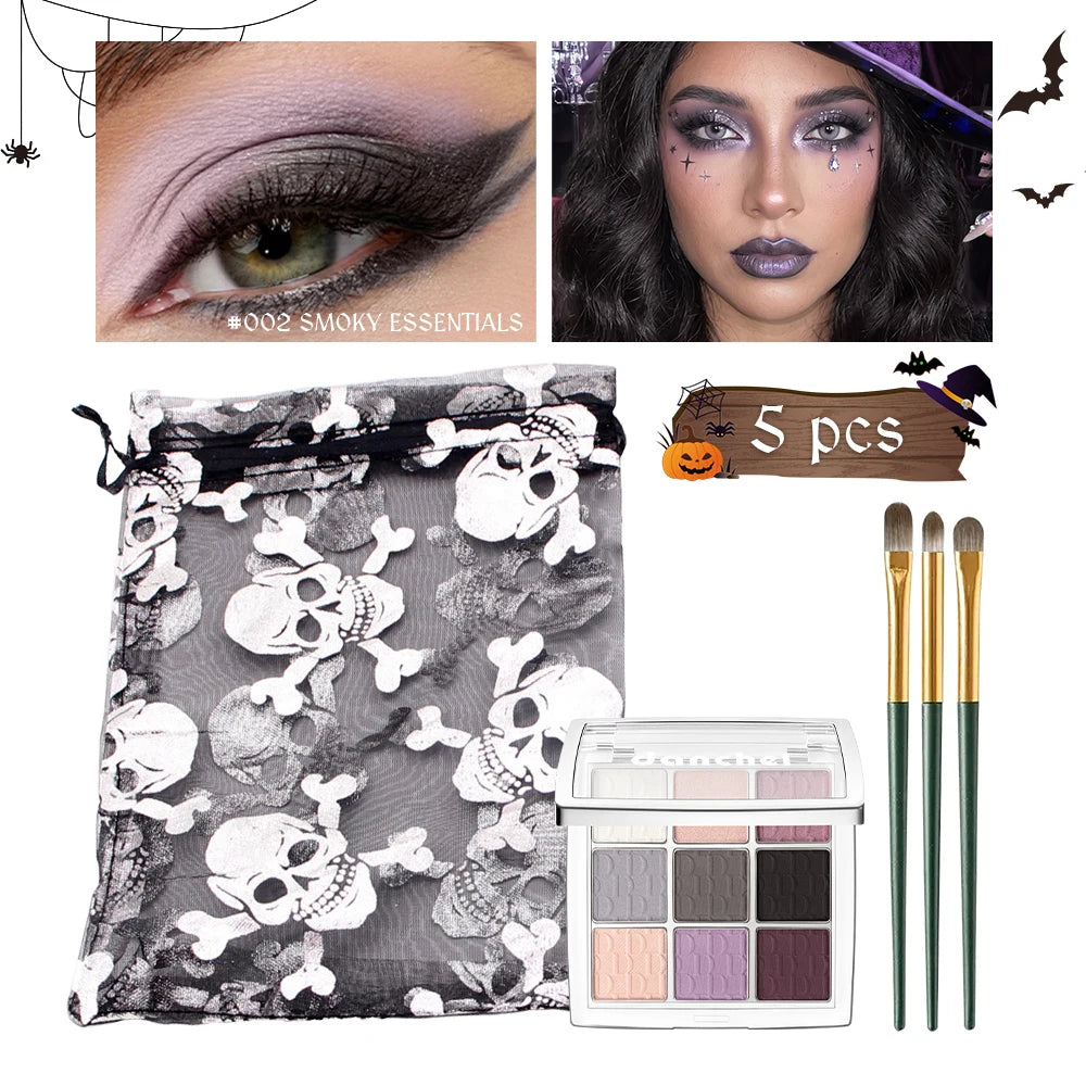 9 Shade Eyeshadow Palette Black Swan Smoky with 3 Brushes Waterproof Matte Highlighter for Halloween Eye Makeup HIP 011 Silver