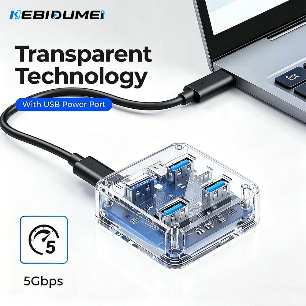 KEBIDUMEI 4-Port USB 3.0 Hub 5Gbps | Power Supply & OTG USB Hub HIP 4xUSB3.0
