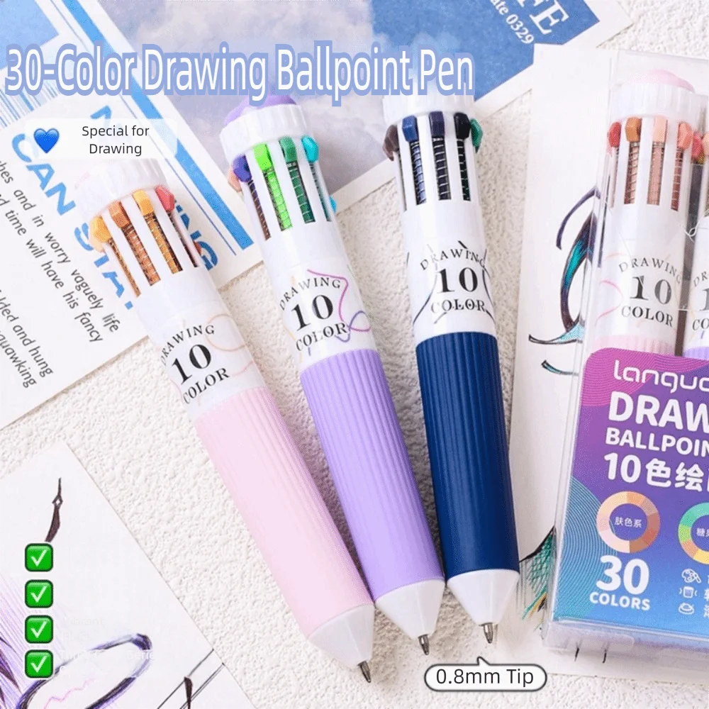 3-Pack 10-Color Retractable Ballpoint Pen Set – 0.8mm Fine Tip Multicolor Ballpoint Pen HIP