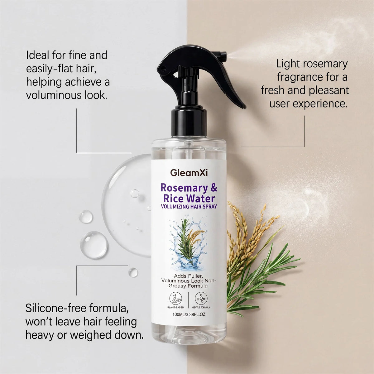 Rosemary Rice Water Hair Spray – Volumizing Leave-In Mist Leave-In Hair Spray HIP