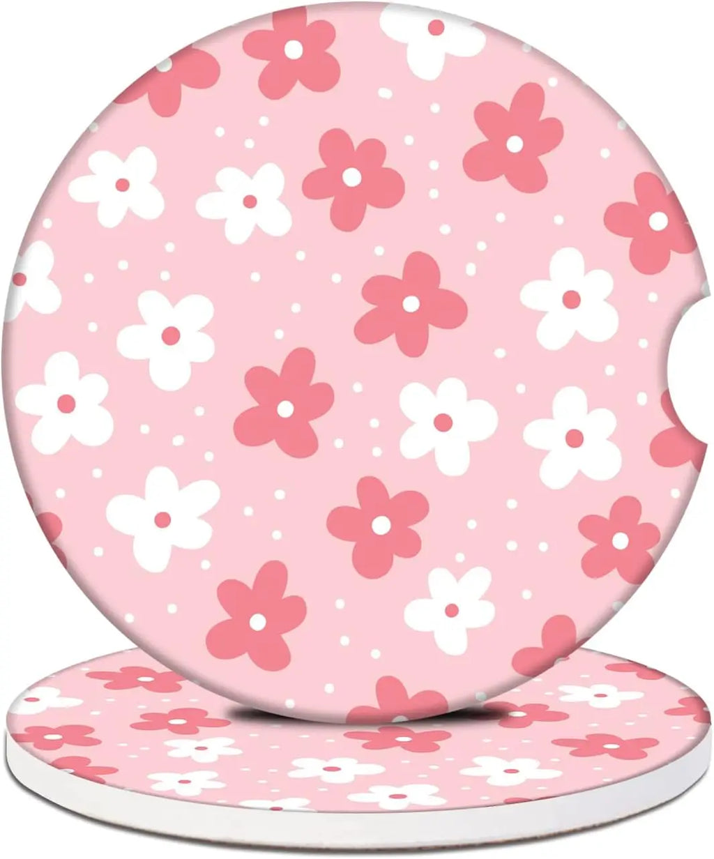 Boho Ceramic Car Cup Holder Coasters White Pink – 2 Pack Car Cup Coasters HIP