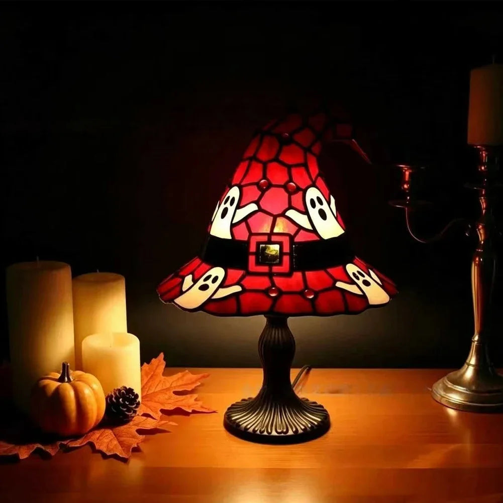 Gothic Desktop Ornament USB Powered Stained Glass Witch Hat Resin Night Light For Bedroom Halloween Party Living Room Home Decor HIP