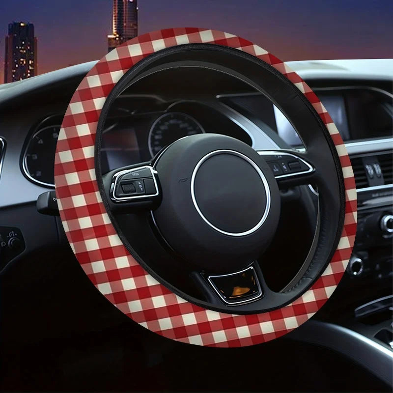 Red White Gingham Steering Wheel Cover – Universal Fit Steering Wheel Cover HIP 1