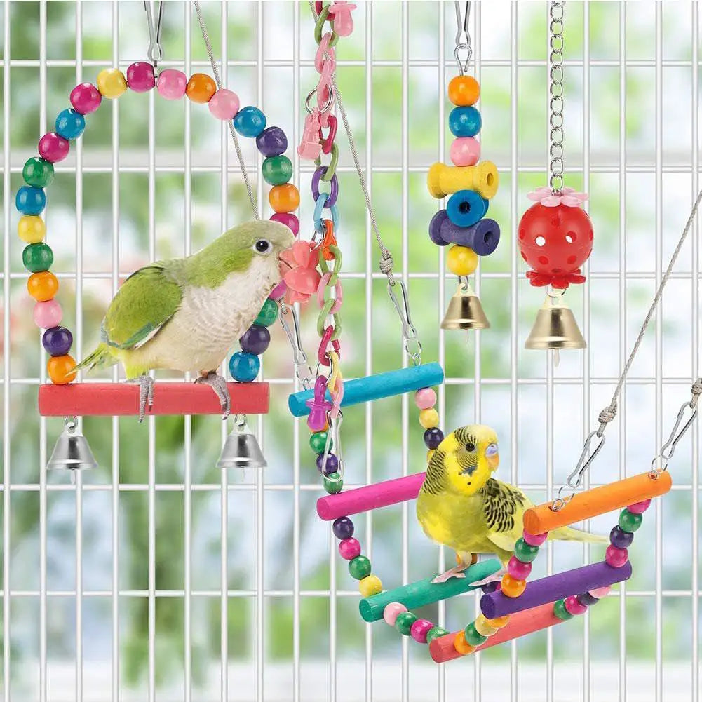 Bird Cage Toys for Parrots Wood Birds Swing Reliable Chewable Bite Bridge Wooden Beads Shape Parrot Toy 7pcs Bird Toys parrot HIP