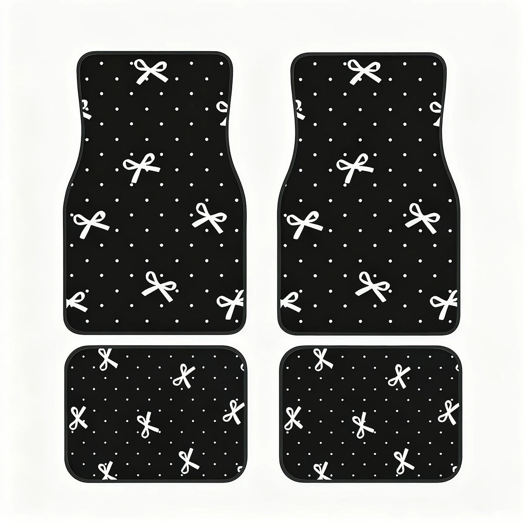 Set of 4 White Polka Dot Car Floor Mats with Bow | Non-Slip Car Floor Mats HIP black