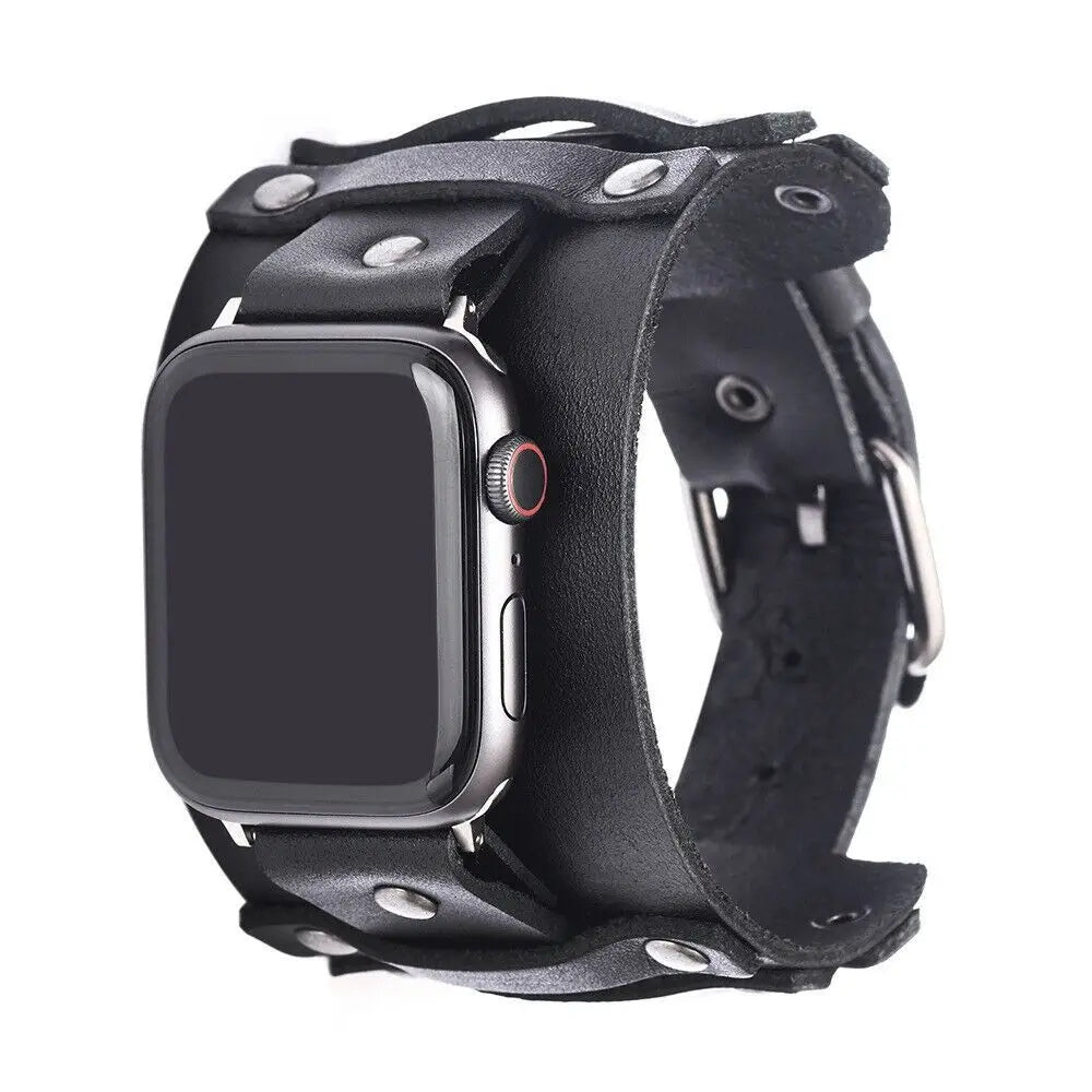 Punk Leather Smartwatch Band – Unisex 38–44mm Wristband Smartwatch Band HIP Black 38-40MM