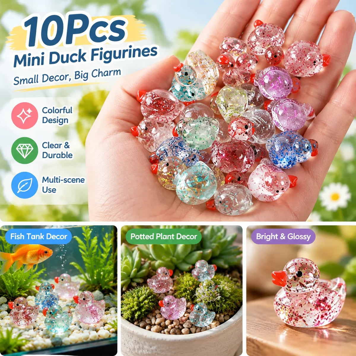 10Pcs Sparkling Mini Duck Decorations Figurine for Landscape Fish Tank Pottery Decoration DIY Mini Landscape Decoration HIP