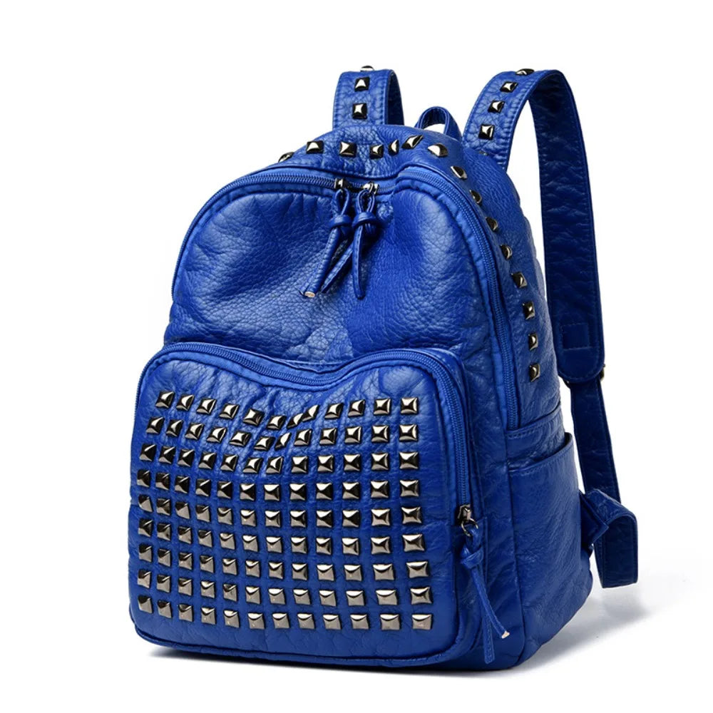 Luxury Rivet Punk PU Leather Backpack – Unisex Large Capacity PU Leather Backpack HIP Blue