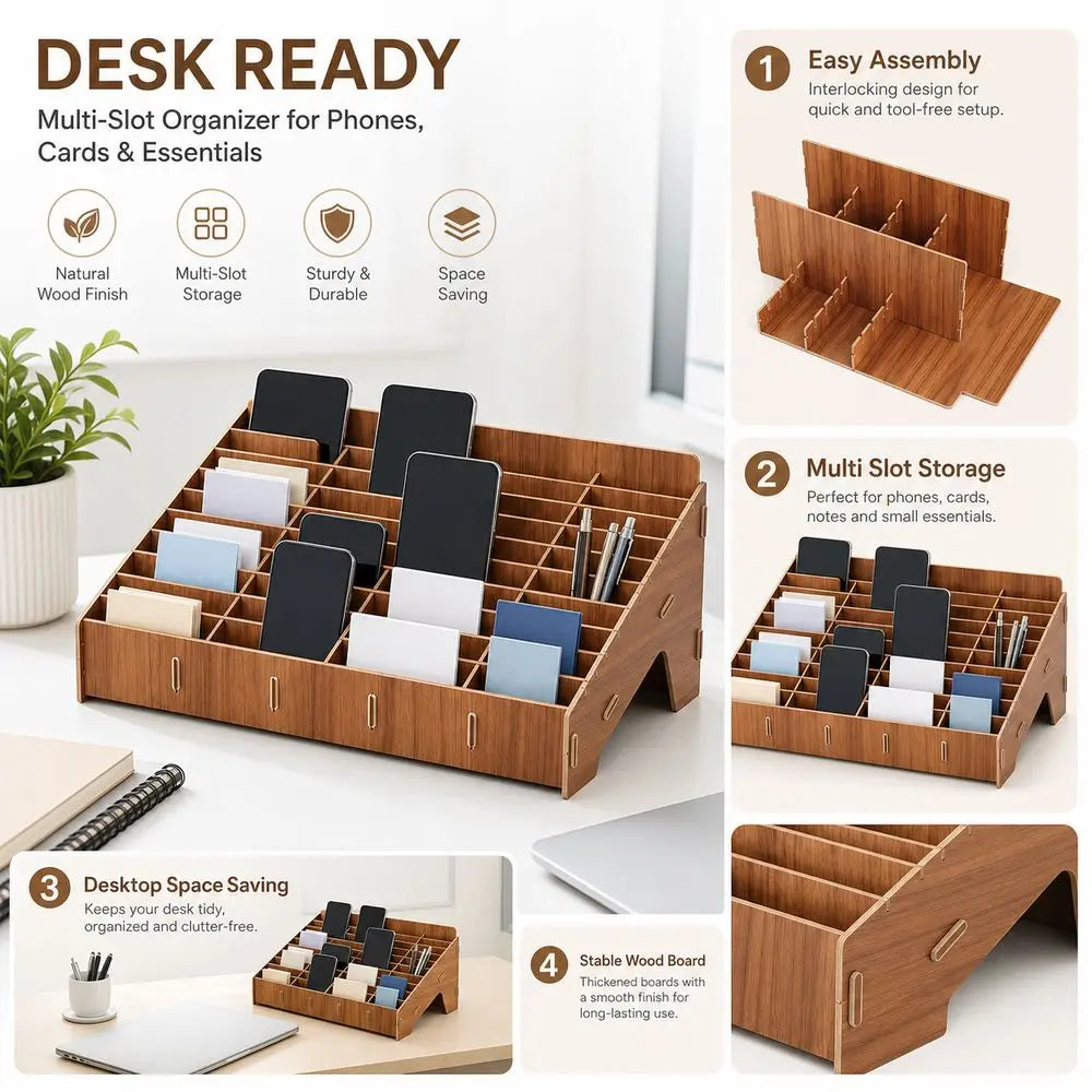 Wooden Multi-Grid Phone Desk Organizer – 12 to 48 Slots Desktop Phone Organizer HIP
