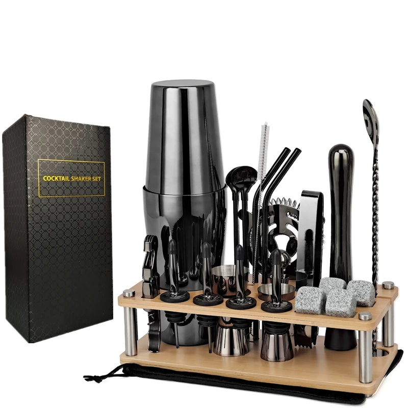 Cocktail Shaker Set with Wooden Stand Rack – Complete Barware Cocktail Shaker Set HIP