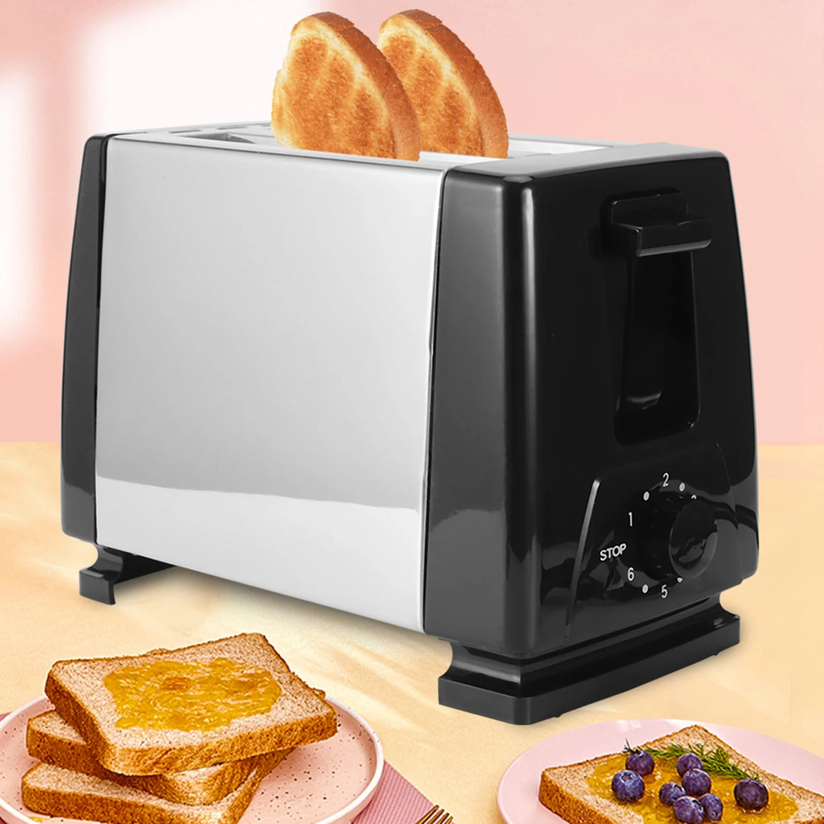 650-850W Bread Toasters 650‑850W 2 Bread Toasters 6 Gears Breakfast Cooking Machine Black Breakfast Cooking Machine HIP