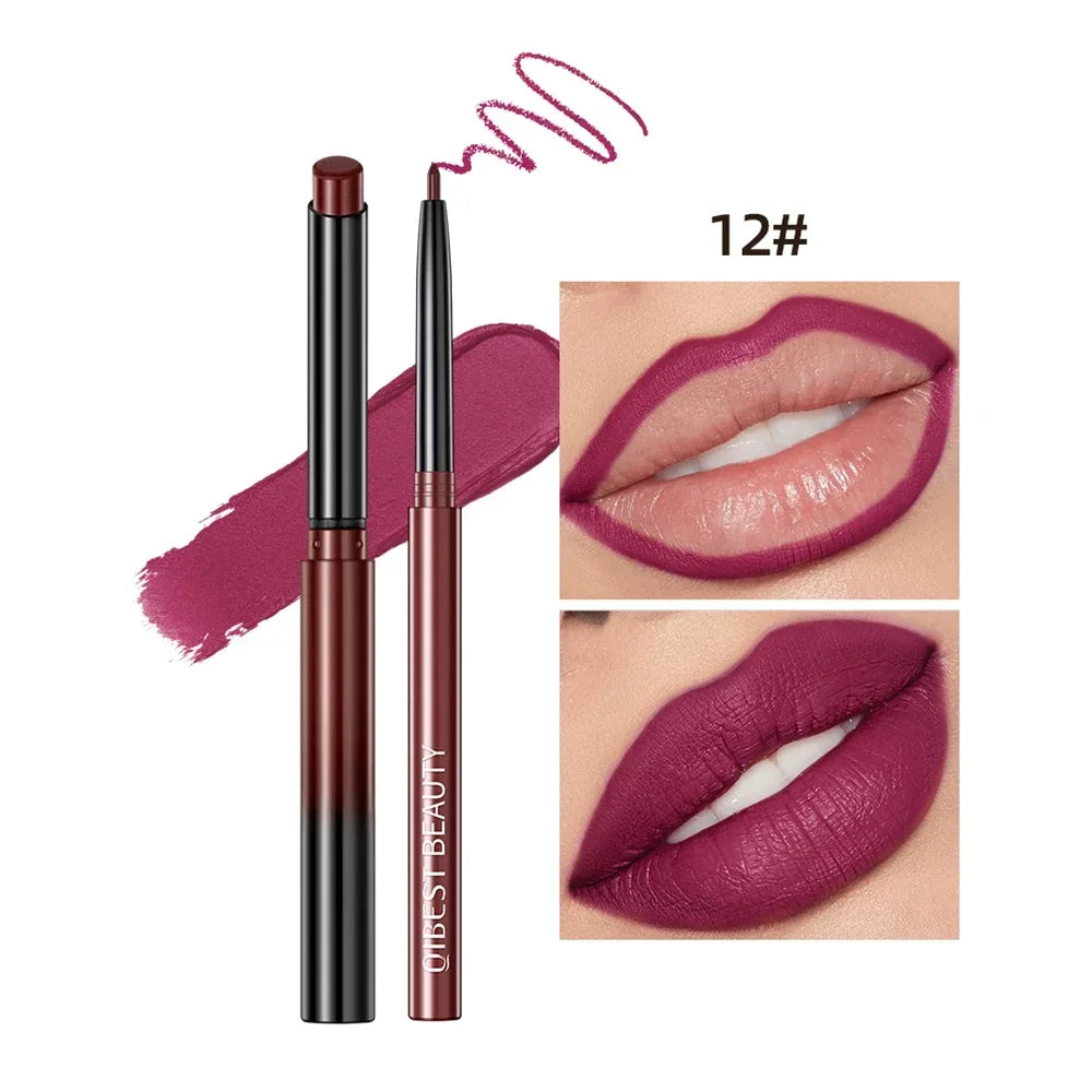 QIBEST Lipliner Pencil Lipstick Set Matte Nude Red Contour Tint Lipstick Long Lasting Non-stick Cup Lipliner Makeup Lip Stain HIP 12