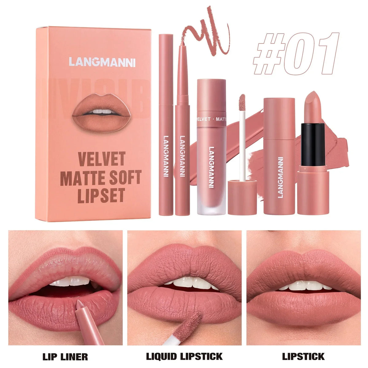 3PCS Matte Lipstick Set Nude Brown Velvet Liquid Lip Gloss Waterproof Non-stick Cup Lip Liner Plumper 24HR Lasting Not Easy Fade HIP 01
