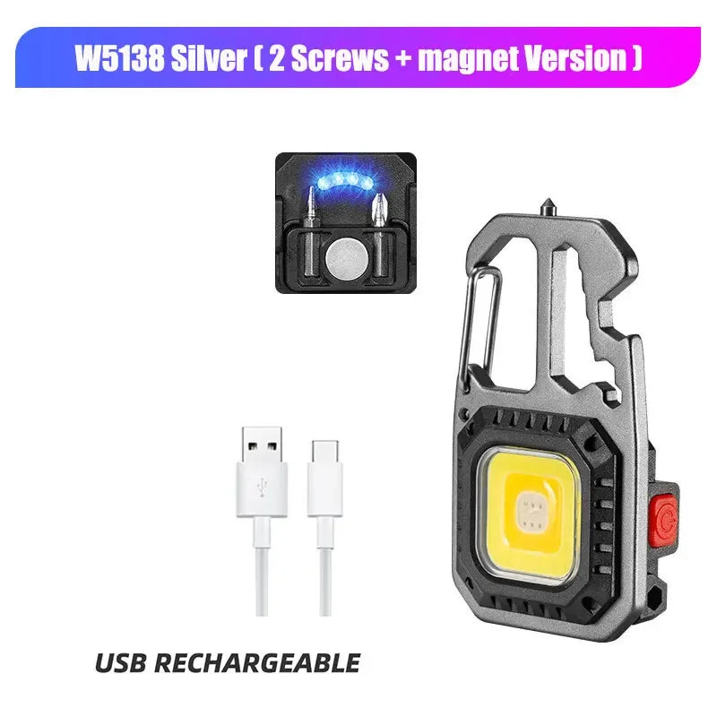 COB Keychain EDC Flashlight 500LM – Multi-Tool Work Light EDC Keychain Flashlight HIP Silver-2Screw 1Magne