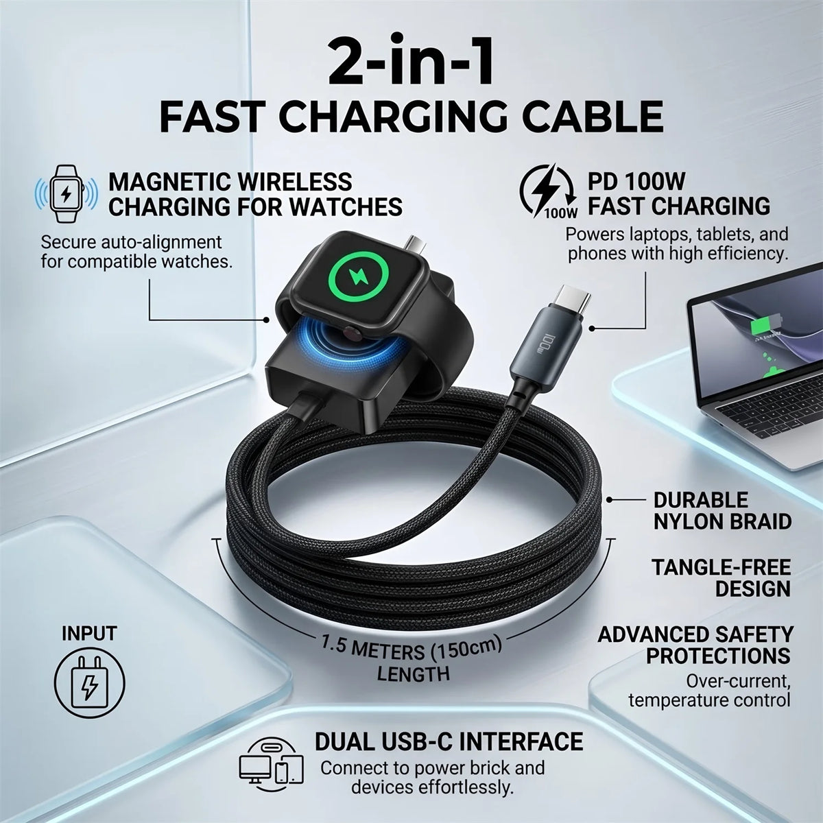 2-in-1 Fast Charger Cable & Magnetic Watch Charger Type-C Charging Cable HIP