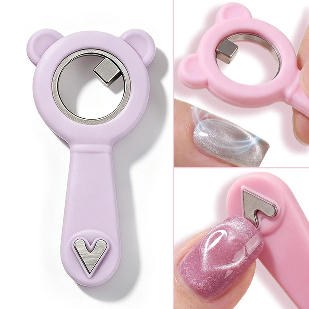 2-in-1 Hollow Cat Eye Nail Art Magnet Black Hole & Love Effect Bear Silicone Ring Circular Magnetic for DIY Gel Manicure Tools HIP Purple-1Pc