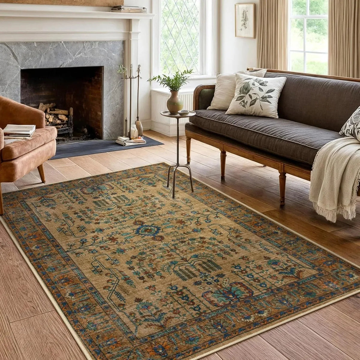 Vintage Persian Area Rug – Pink Boho Floral Non-Slip Washable Decorative Area Rug HIP