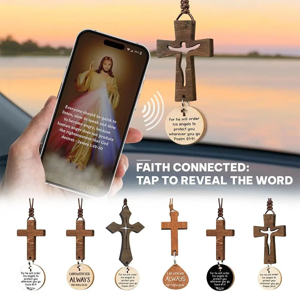 Wood Cross Car Mirror Pendant – Bible Verse Hanging Charm Car Mirror Ornament HIP