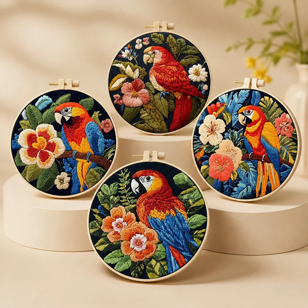 DIY Parrot Embroidery Set Embroidery Supplies with 15cm Bamboo Ring Animal Sewing Hobby Butterfly Bird Bee Adult Beginner Gift HIP