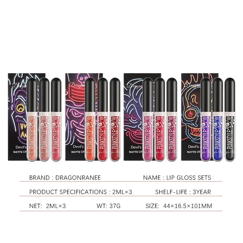 Dragon Ranee 3-Pc Glitter Lip Gloss Set – Metallic Matte Glaze Lip Gloss Set HIP