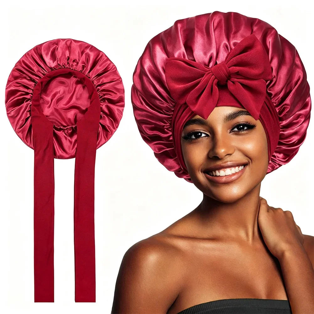 Universal Bathing Hair Head Cover Reusable Wide Brim Hair Protection Hat with Stretchy Tie Band Satin Sleeping Bonnet Shower Cap HIP Wine Red