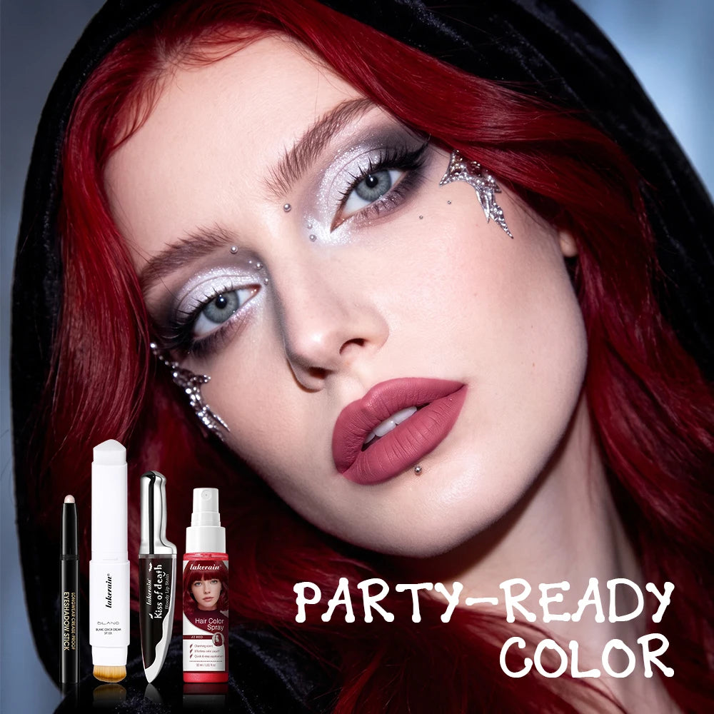 4pcs Halloween Cosplay Makeup Set Foundation Stick Lip Stain Red Temporary Hair Dye Spray Eyeshadow Stick Waterproof Gothic Part HIP 4pcs
