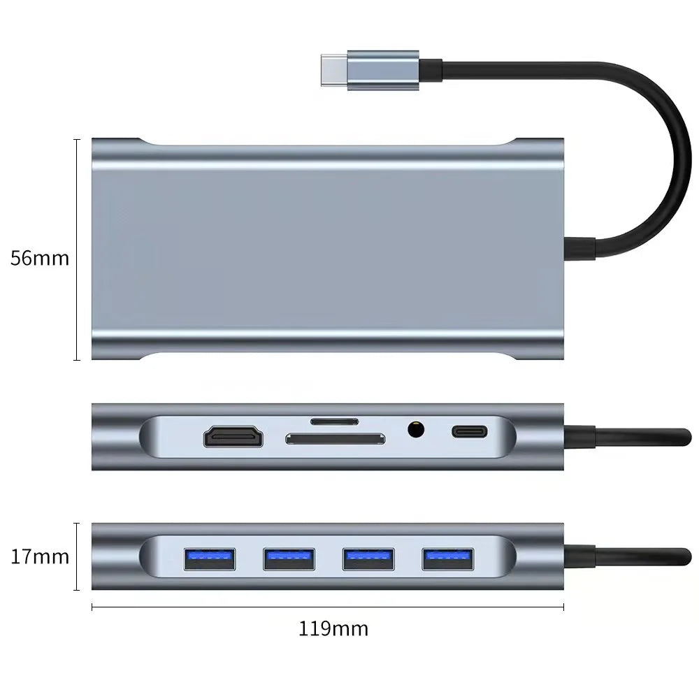 OULLX 11-in-1 USB-C Hub – HDMI 4K, VGA, RJ45, PD Charging USB-C Multiport Hub HIP