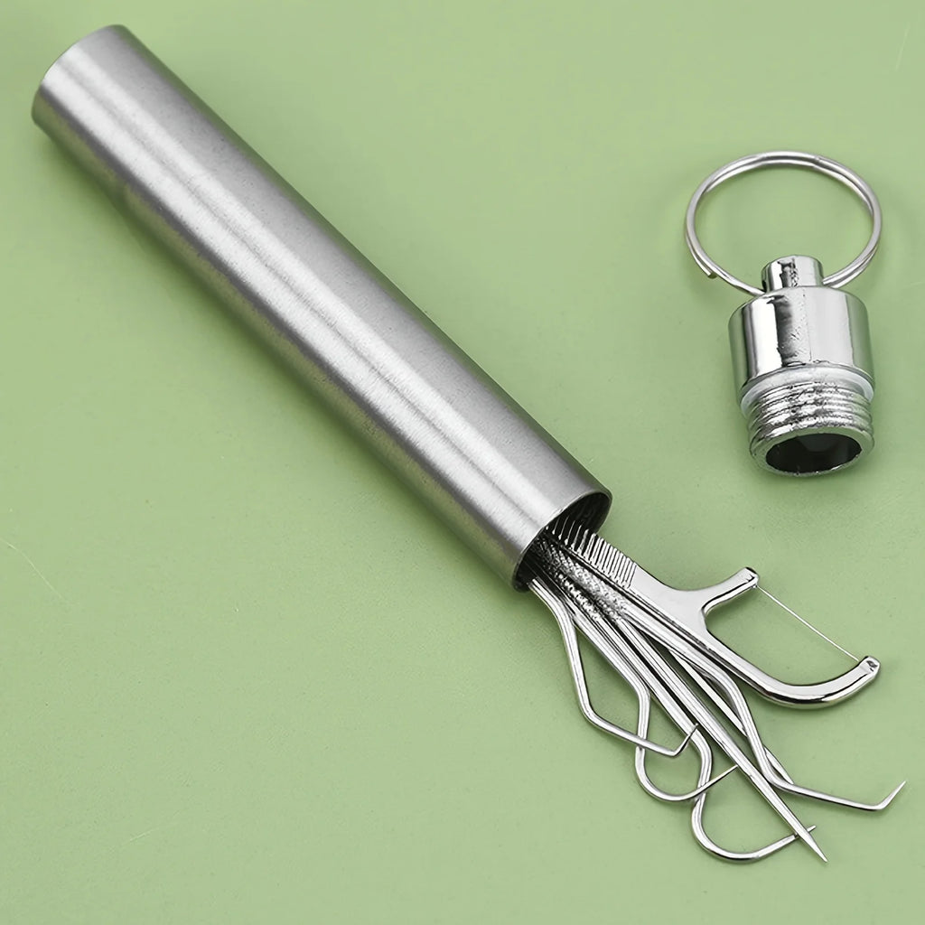 RUZOFO Reusable Steel Toothpick Set with Keychain Holder Dental Floss Pick Set HIP