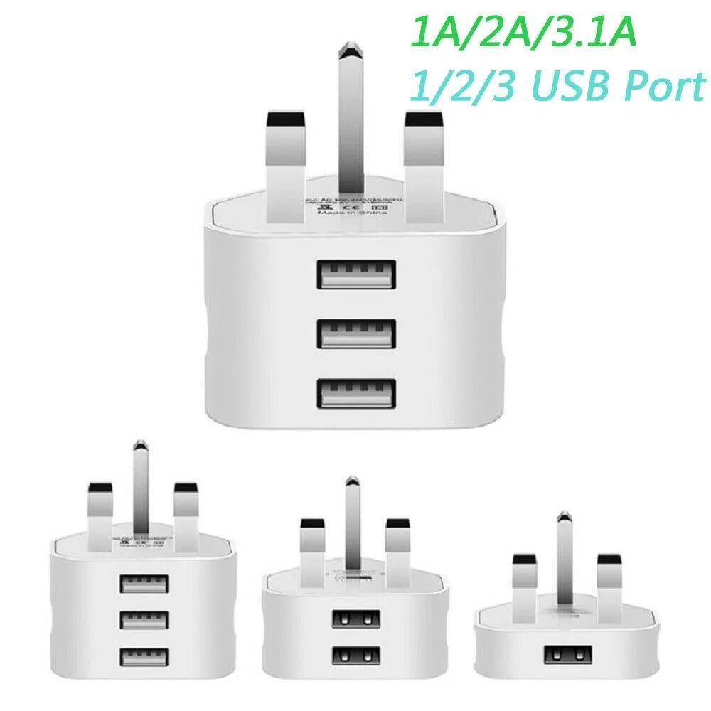 UK 3-Pin USB Wall Charger – 1/2/3-Port 5V Home Adapter USB Wall Charger HIP