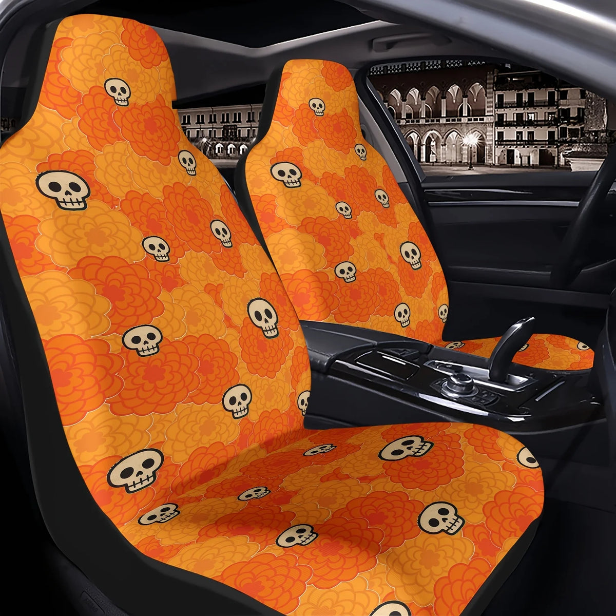 Orange Floral Skull Car Seat Cover – Easy Install & Clean Car Seat Cover HIP