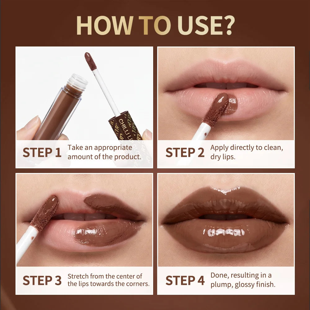 Chocolate Chilli Lip Gloss Lip Gloss Instant Plump Lips Mirror Gloss Finish Moisturizing Non-drying Lip Plumper Lipstick Makeup HIP