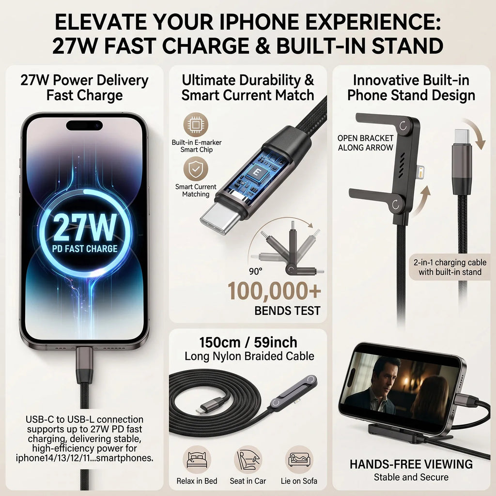 2-in-1 USB-C 27W Fast Charging Cable with Foldable Stand Charging Cable Stand HIP