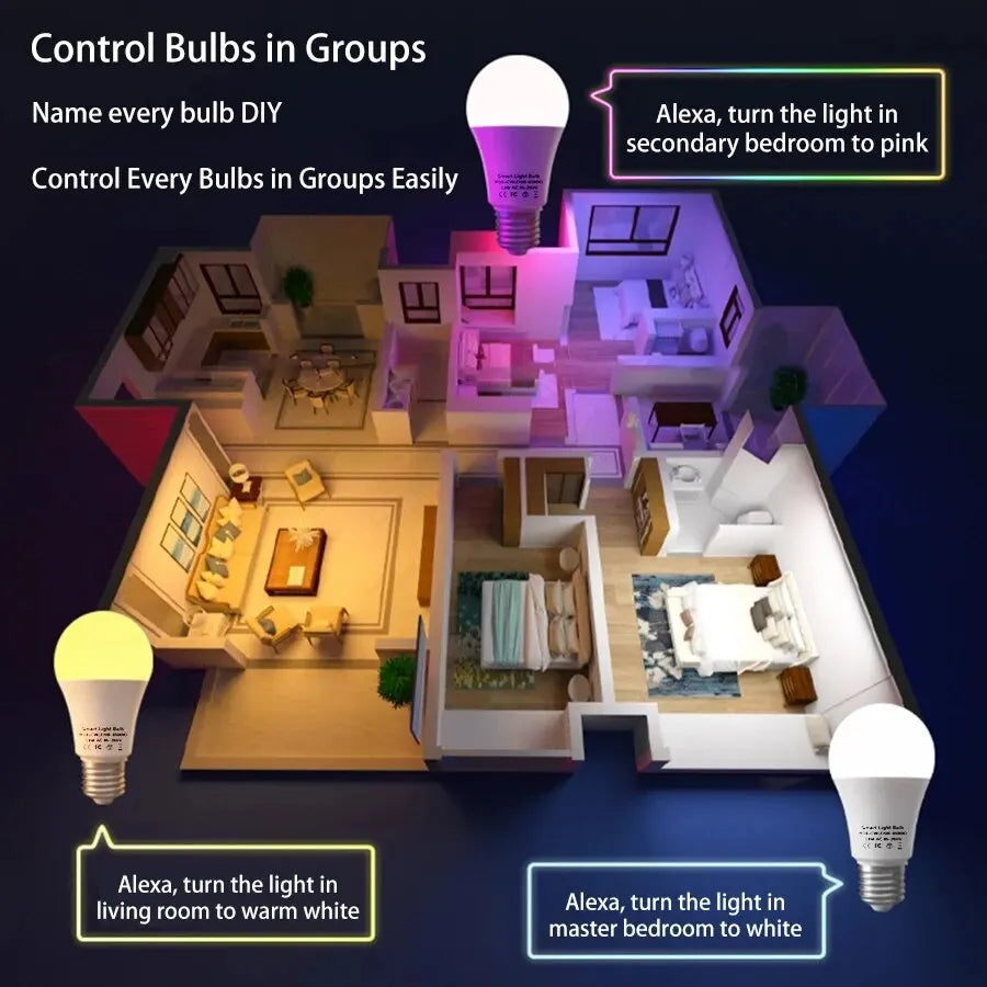 Tuya Bluetooth WiFi Smart Light Bulb E27 RGB LED Lamp 15W Voice Control Compatible with Alexa Google Home Smart Life App Remote HIP