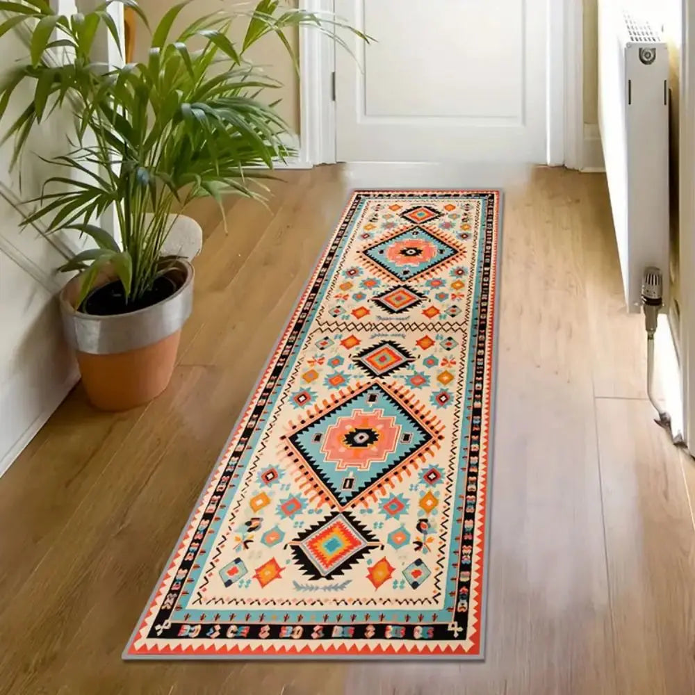 Modern Geometric Diamond Runner Rug – Black Gold & Gray Hallway Runner Rug HIP