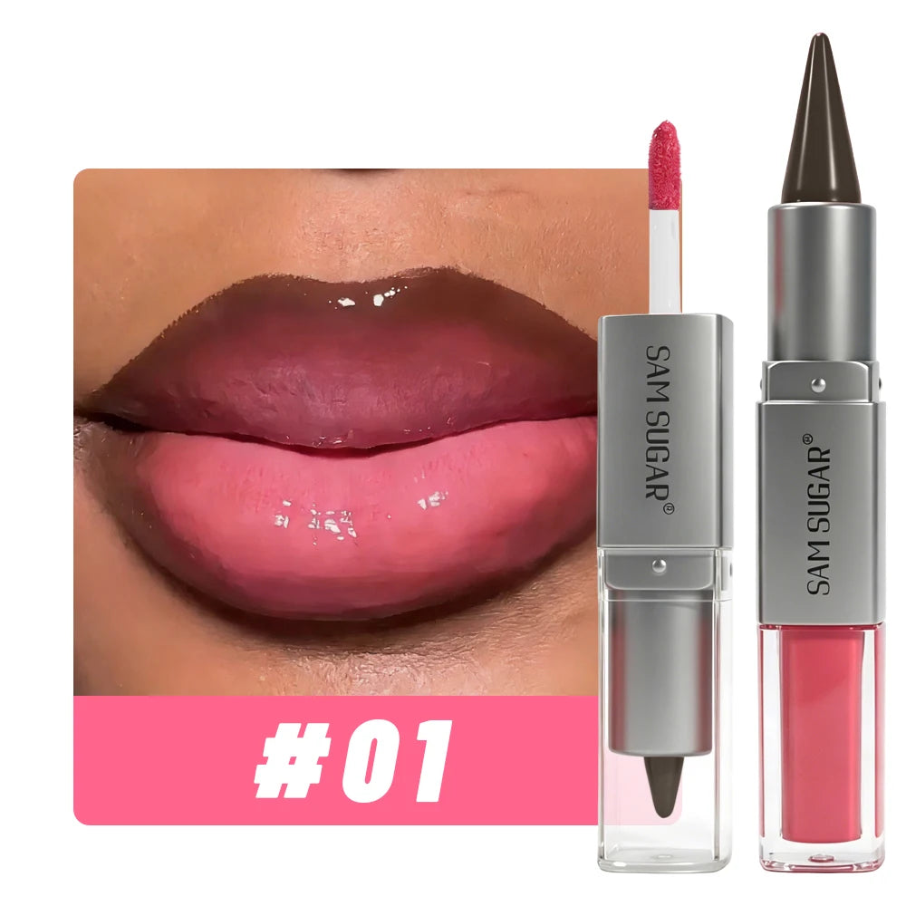 2-in-1 Lip Liner & Lip Gloss Crayon Mirror Glass Fine Shimmer Lipglaze Easy Apply Long-Lasting Waterproof Matte Lip Liner Makeup HIP 01